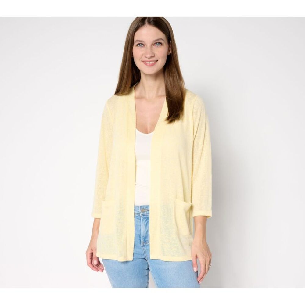Denim & Co. Women's Top Sweater Sz M Essentials Slub Knit Sleeve Yellow